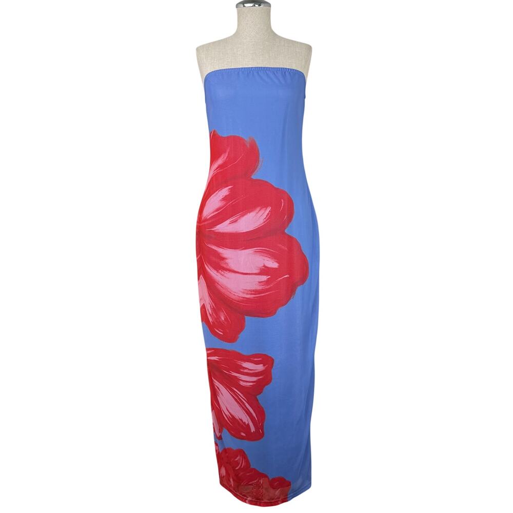 PrettyGarden Strapless Floral Bodycon Mesh Maxi Dress Blue Tropical Summer L